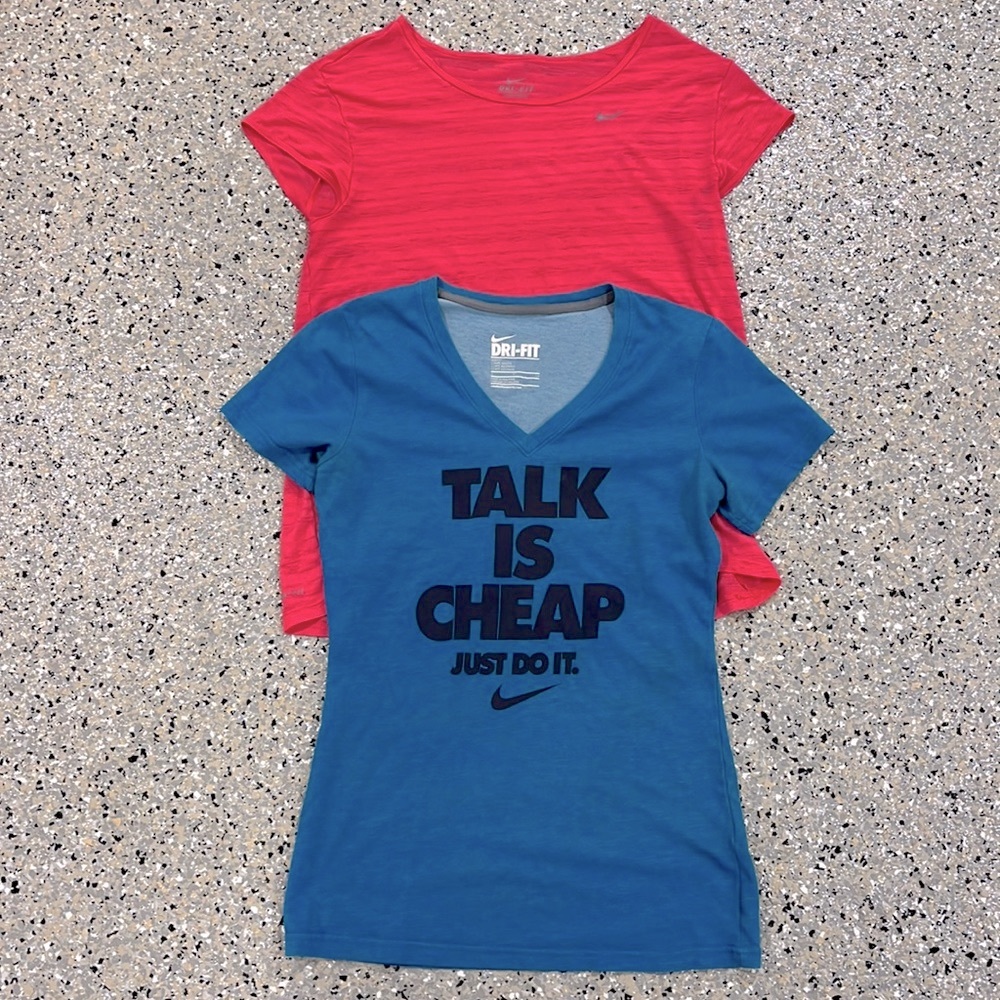 LOT OF 2 NIKE dri fit t shirt paper thin burnout and graphic v neck sz S